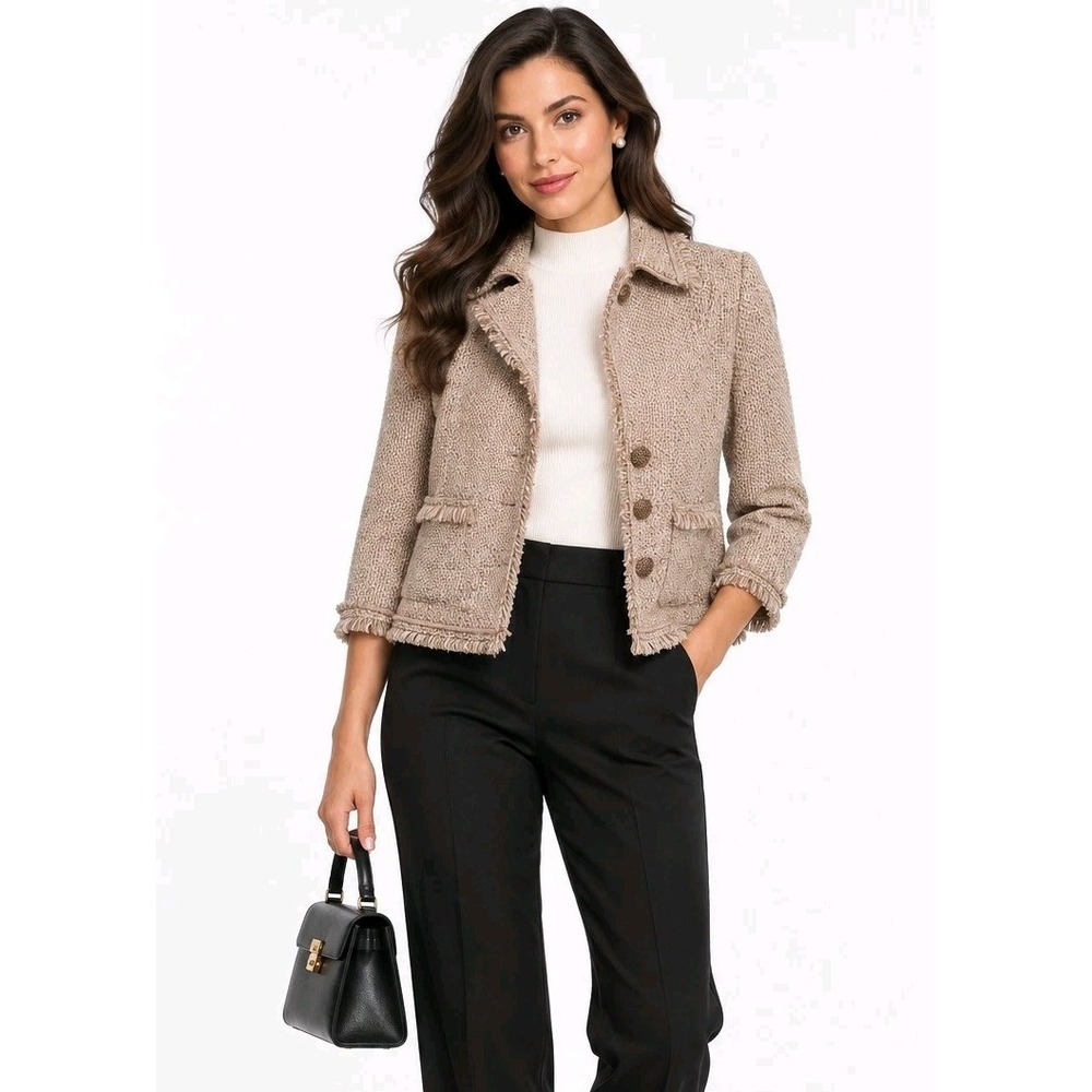 New York & Company Size 6 Tweed Boucle Blazer Jacket Fringe Gold Button Wool